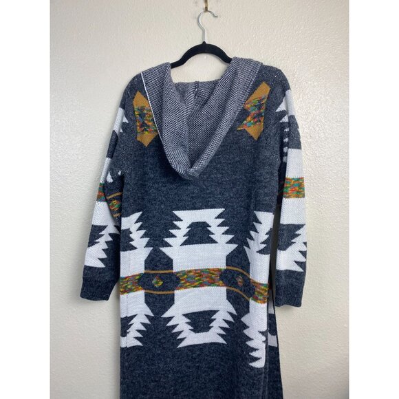 Original Aztec Open Front Hooded Long Cardigan Sweater size Medium Tribal. - Picture 8 of 9